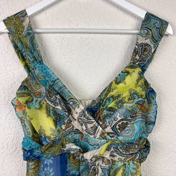 ROULETTE Womens 8 Blue Green Yellow Paisley Sleeveless Accent Tie Back Zip Dress - Picture 5 of 9